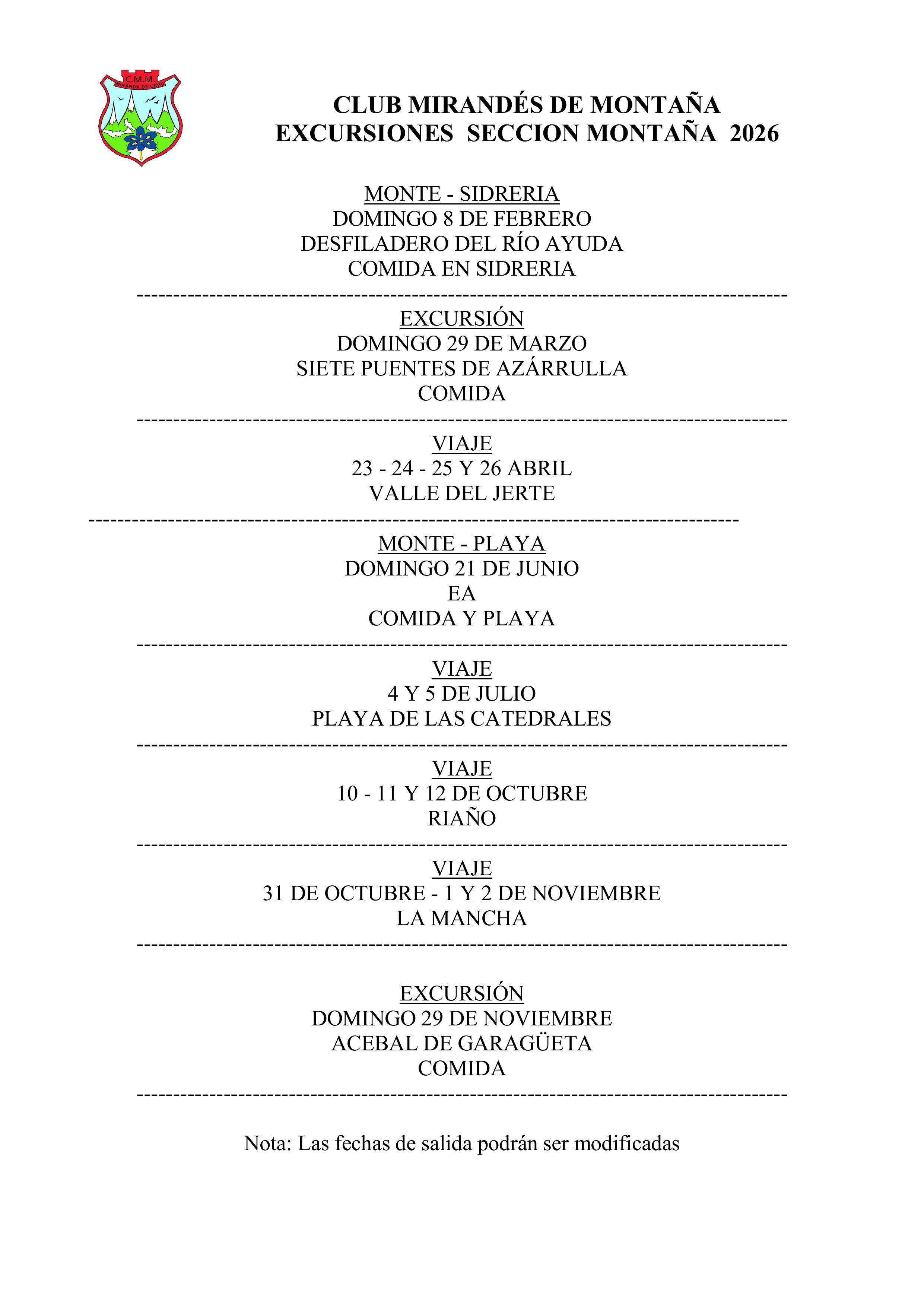 PROGRAMACION SECCION MONTAÑA 2026